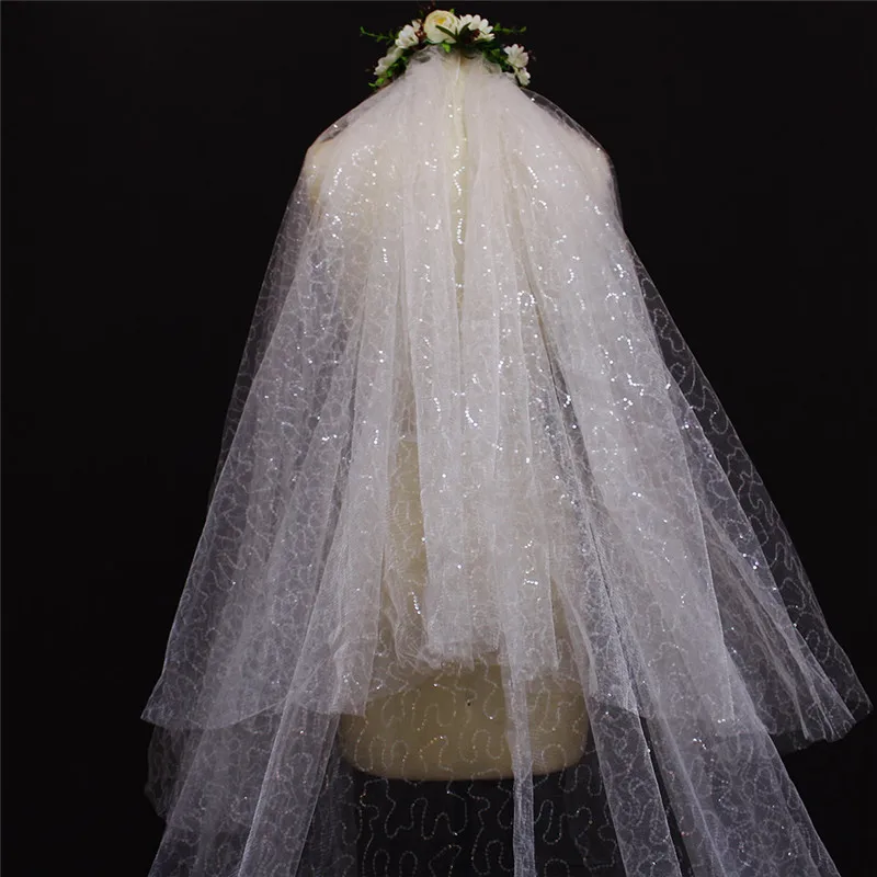 2019 реальные фотографии два слоя кружева внизу блестками свадебная вуаль из тюля слоновой кости 2 T Фата невесты