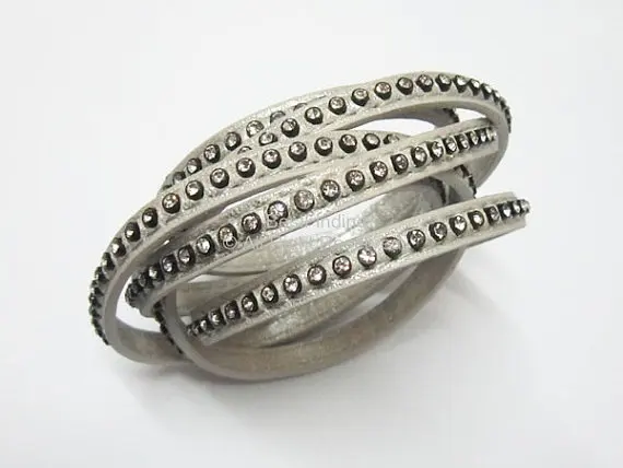 

Metallic silver Flat rhinestone leather cord 6x2mm Crystal wrap leather cord