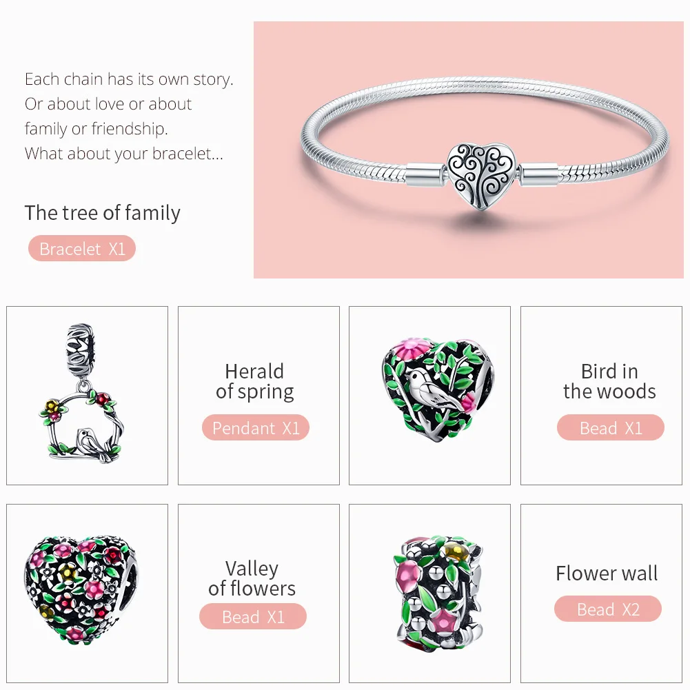 WOSTU Venta de plata de ley 925 de primavera flores hojas y pájaro pulsera del encanto para las mujeres de la marca de moda de regalo de la joyería de CQB804 - 3