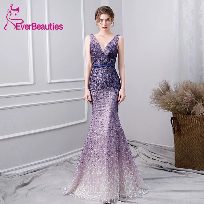 

Mermaid Prom Dresses 2019 Luxury Beaded Hand-Make Purple Evening Party Dresses Vestidos De Gala Prom Gown Robe De Soiree