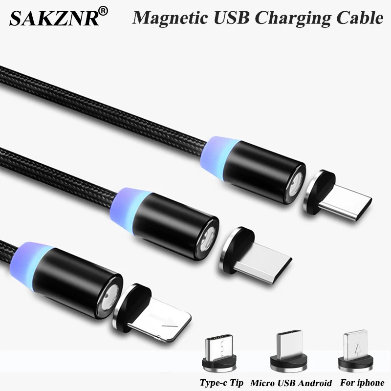 

SAKZNR 360 LED Magnetic Micro USB Cable Type-C Charging Cable For iPhone XR XS MAX X 8 7 6 Plus Mobile Phone Magnet Charger Wire