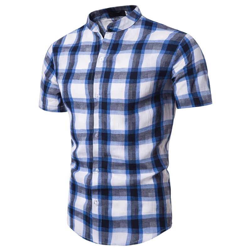Мужская клетчатая рубашка для отдыха 2019 Лето с коротким рукавом Slim Fit Мужская одежда рубашки бренд стенд воротник Бизнес Повседневная