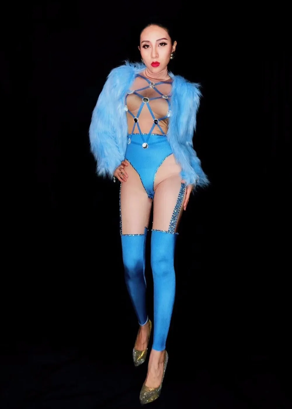 Синий Стразы сексуальный комбинезон и пальто комплект одежды большой камень боди Для женщин выпускного вечера вечерние певица этап