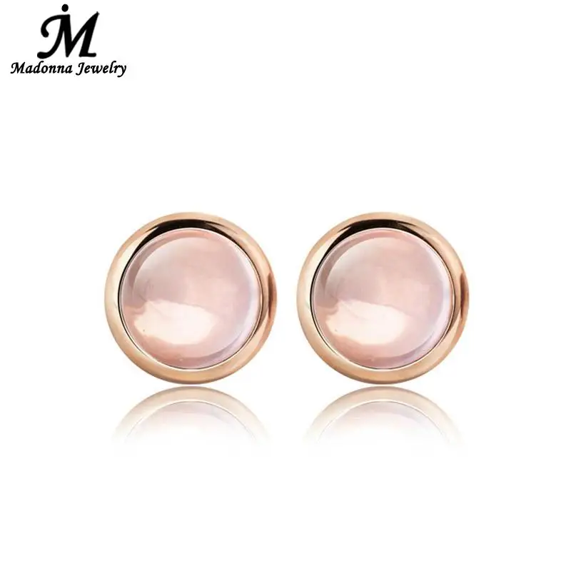 Классический стиль, розовый круглый кварц, карамельный цвет, розовое золото, женские серьги-гвоздики, женские модели, ювелирные изделия для ушей