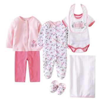 

Baby Clothing Set Cotton 7 Piece Boy Clothes Suit Newborn Girl Flower Infant Bodysuits+Romper+Pants+Outerwear +Shoes+Bib+Blanket