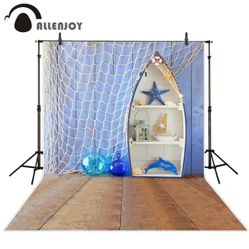

Allenjoy summer backdrop Starfish Boat dinghy Fishing net Decorated Wood board Children Background for photo vinyl photographic