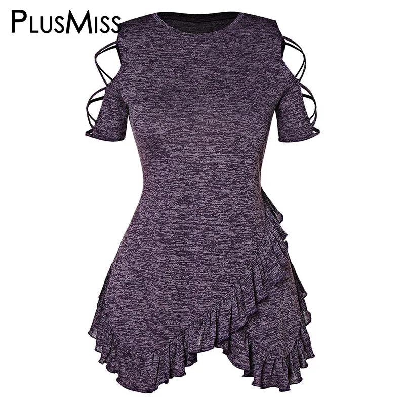 

PlusMiss Plus Size 5XL Ruffle Criss Cross Cold Shoulder Asymmetrical Tunic Tops Tee XXXXL XXXL XXL Summer Big Size Women T Shirt