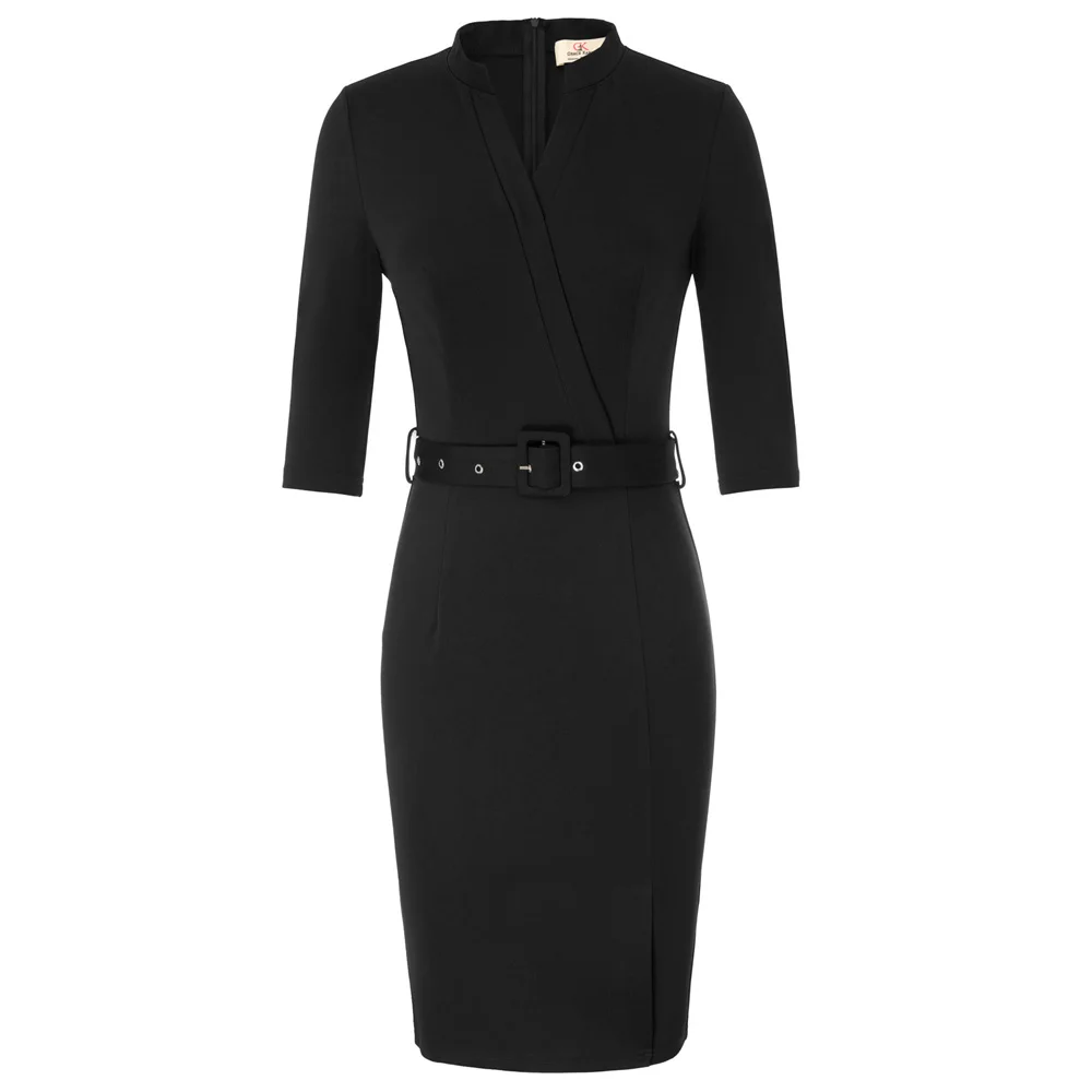 

GK solid color Women three quarter Sleeve V-Neck Office dresses work wear Split Front Hips-Wrapped Bodycon sheath Dress ladies