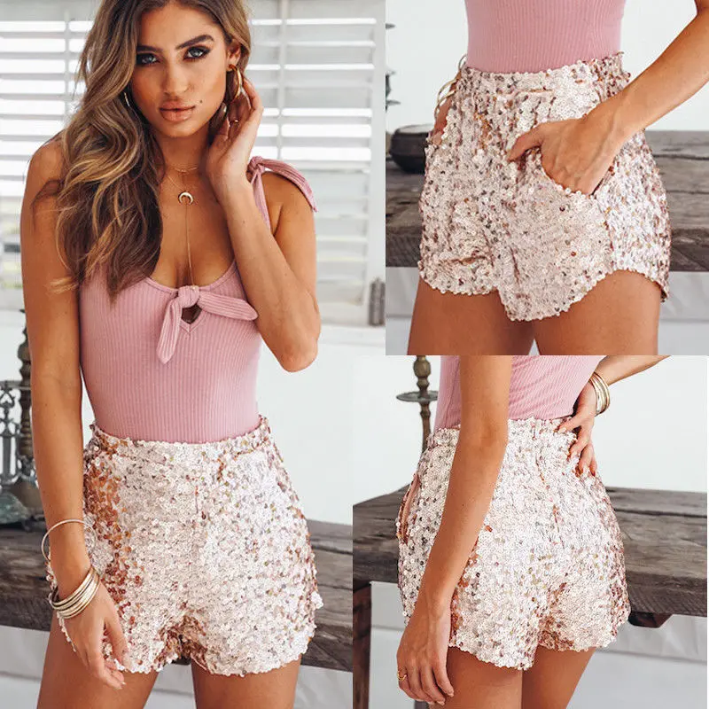 Women Fashion Sexy Summer Sequined Shorts Elastic Waist High Waist