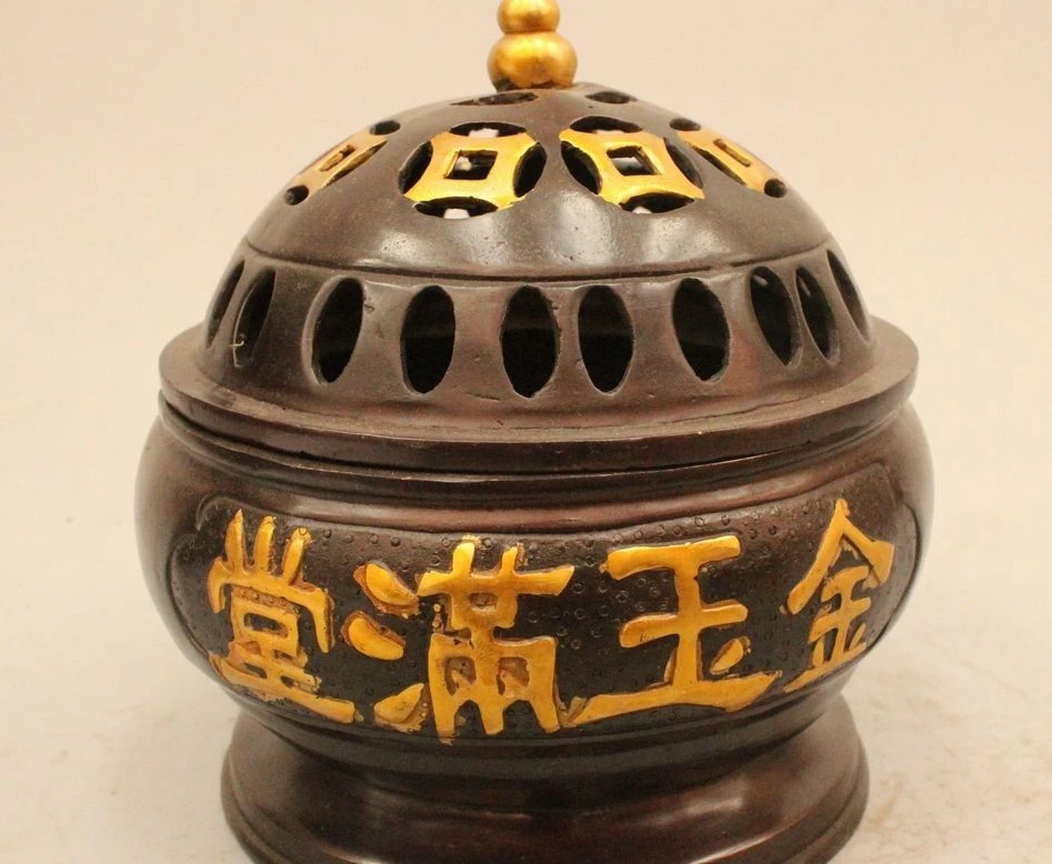 

7"Marked Chinese Dynasty Palace Bronze Gild Money drawing Incenser Burner Censer