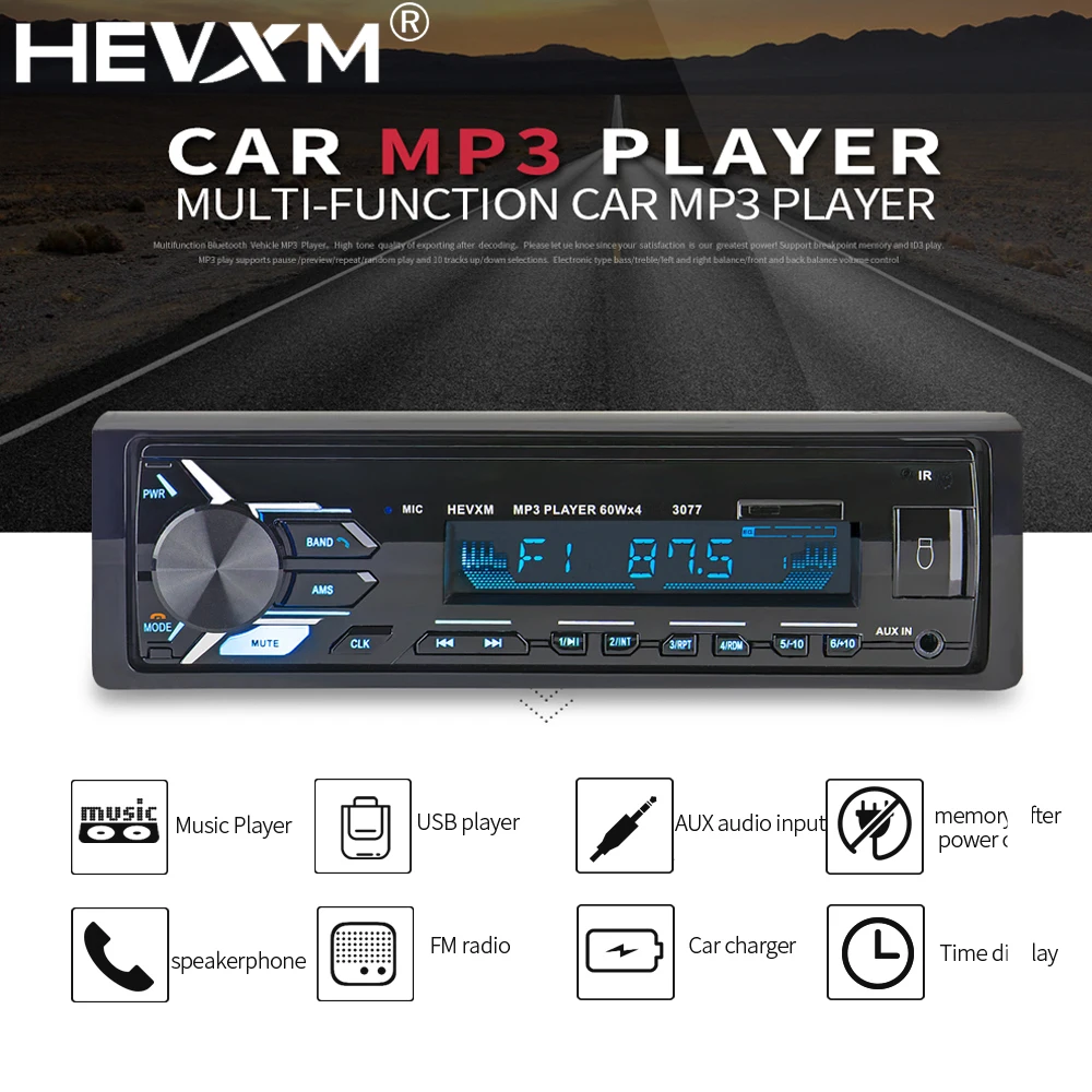 

HEVXM 3077 Bluetooth Radio 12V Aux Input Stereo Audio In-dash 1 Din FM USB Remote Control Receiver Car Audio Auto MP3 Player
