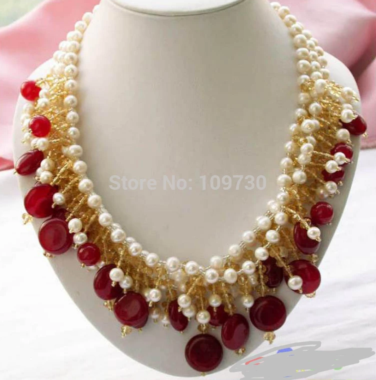

Jewelr 003418 3ROW WHITE ROUND FRESHWATER CULTURED PEARL RED JADE NECKLACE