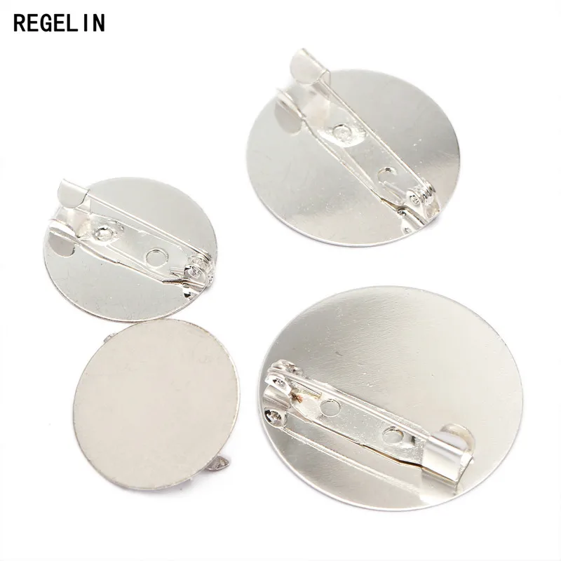 

REGELIN High Qualtity 10 PCS 20mm/25mm /30mm Round Blank Tray Settings Silver Color Flat Brooch Base DIY Jewelry Findings