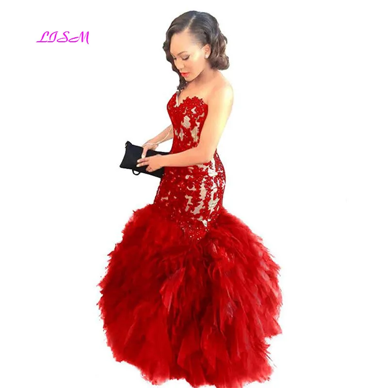 

Women's Sexy Mermaid Prom Dresses Sweetheart Applique Lace Red Prom Gowns Long Evening Formal Dress 2019 vestido de gala