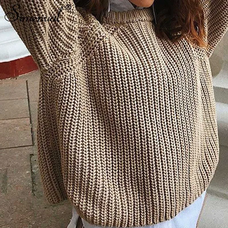 Simenual Casual Fashion Knitted Sweater Women Autumn Winter Pullovers Jumpers Solid Basic Long Sleeve Slim Khaki Sweaters - Color: khaki