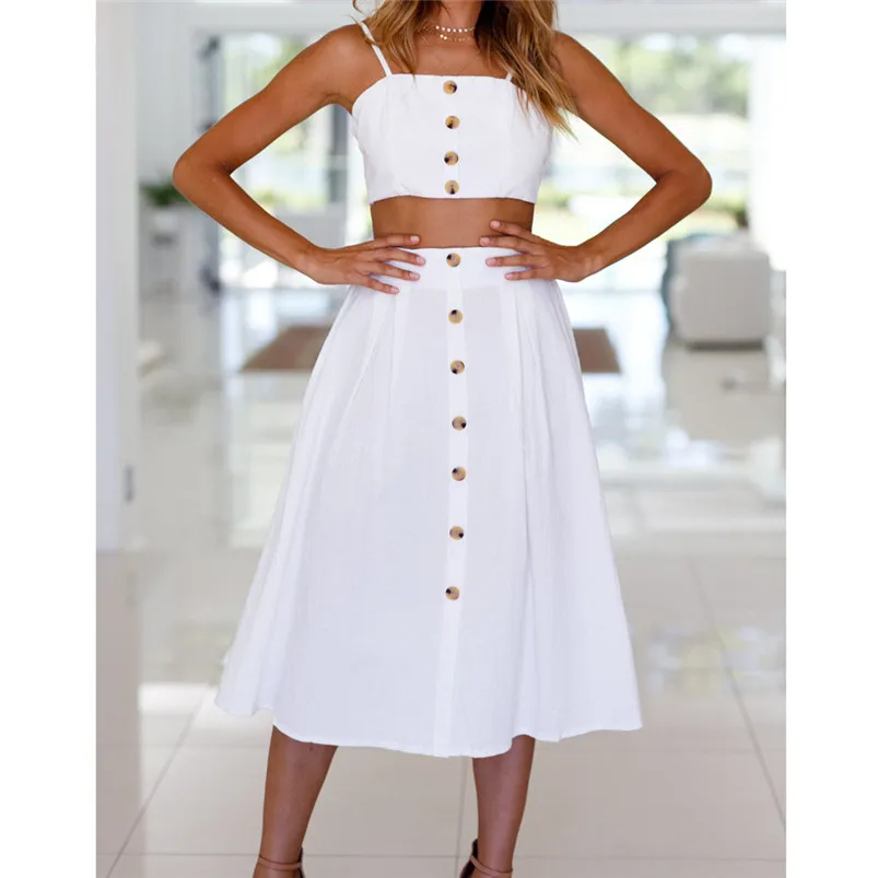 New Summer Womens Two Pieces Holiday Bowknot Lace Up Beach Buttons Tops Skirt Set Pink White two piece set feminino R18 (10)