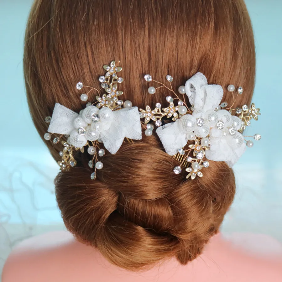 

1pair/lot White Flower Imitate Pearl Crystal Tiara Wedding Comb For Hair Pin Girls Women Bridesmaid head Wear Charms Accessory