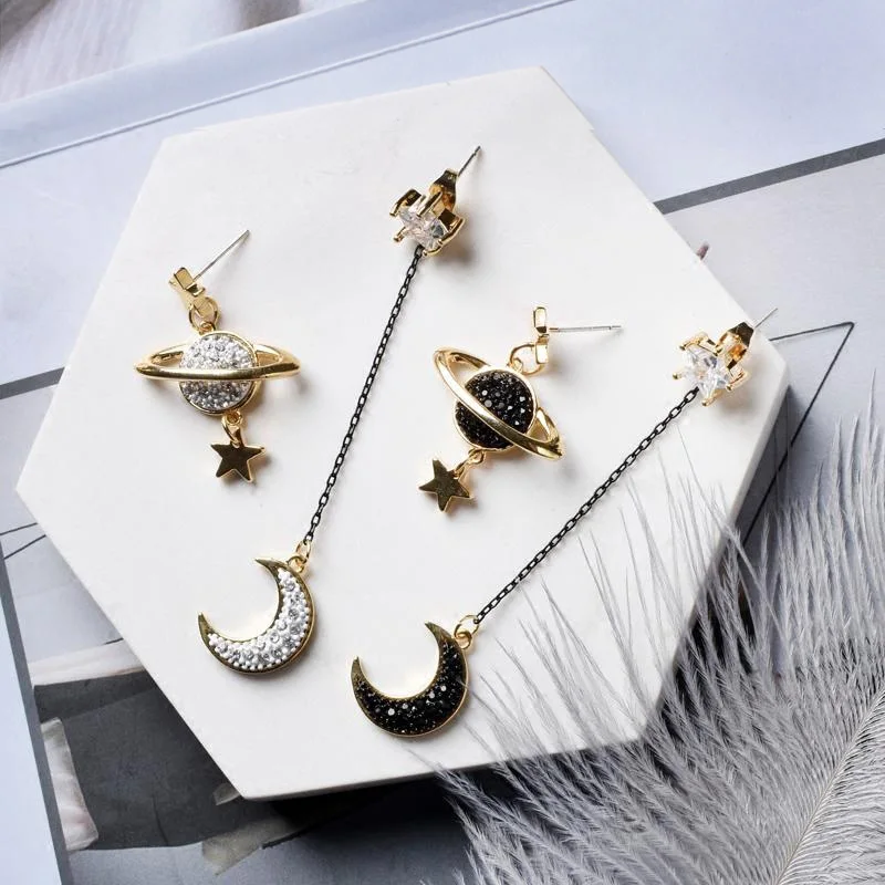 

Moon High Quality Korean Planet Universe Dissymmetry Gifts Earrings Rhinestone Allergy Free 1Pair New Crystal Girls Women