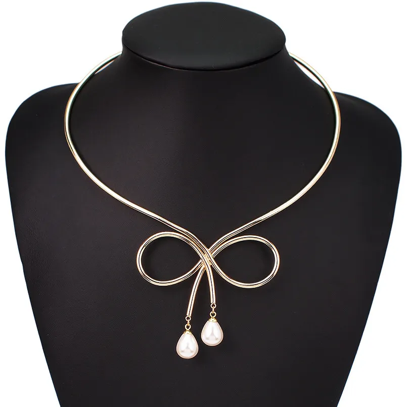 

Simulated Pearl Torques Choker Necklaces For Women Trend Bowknot Alloy Statement Pendants Necklace Jewelry UKMOC