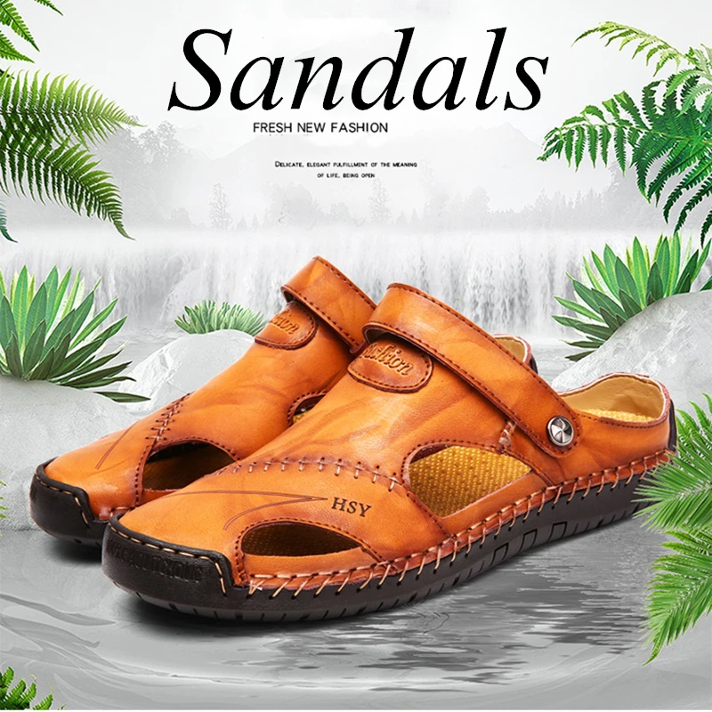 

Fashion Men Slippers Slides Men Summer Shoes Leather Hand Stitching Beach Shoes Hole Shoes Outdoor Casual