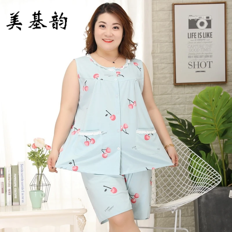

Free Shipping 2019 New Women Summer 100% Cotton Sleeveless Shorts Sleepwear Set Extra Large Size Pajamas Soft Home wear 3XL-5XL