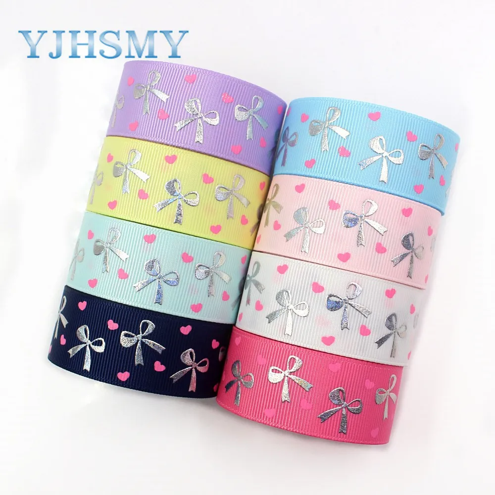 

YJHSMY I-19326-779,25mm 5yards laser Silver cute cartoon love Printed grosgrain ribbon DIY handmade headdres wedding gift wrap