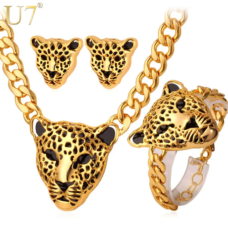 

U7 Cool Leopard Head Bracelet Earrings Necklace Set For Women Trendy Silver/Gold Color Costume African Big Jewelry Sets S365