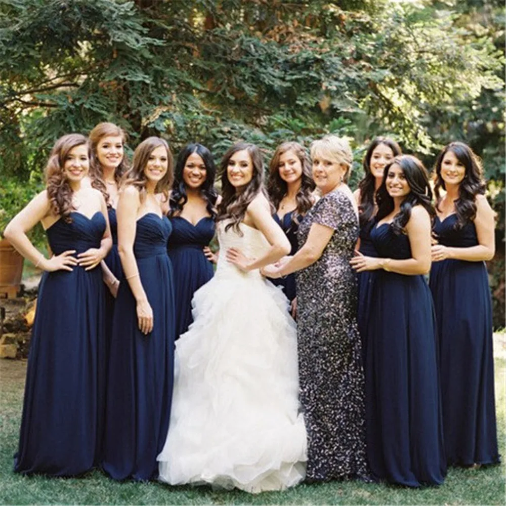 

Navy Blue Chiffon Long Bridesmaid Dresses Simple A Line Floor Length Pleat Cheap Wedding Party Gown 2019 Hot Selling Women Dress