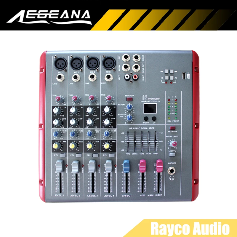 

4 channel USB Professional Audio DJ Mixer 4 Mono Mixing console 16DSP 48V Phantom Power
