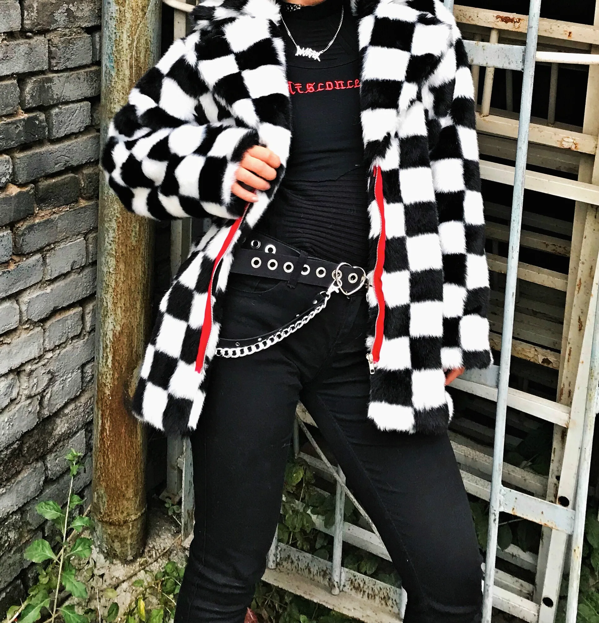 Зимняя Толстая куртка с искусственным мехом, контрастная клетчатая куртка на молнии, уличная одежда Harajuku, корейское женское длинное пальто, винтажная теплая верхняя одежда