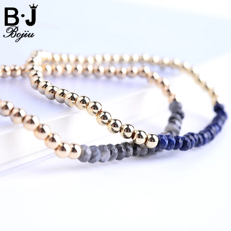 

BOJIU Elegant Bracelet Multi-Color Natural Stone Elastic Small Gold-Color Copper Beaded Women's Bracelet Strand Jewelry BC56-2