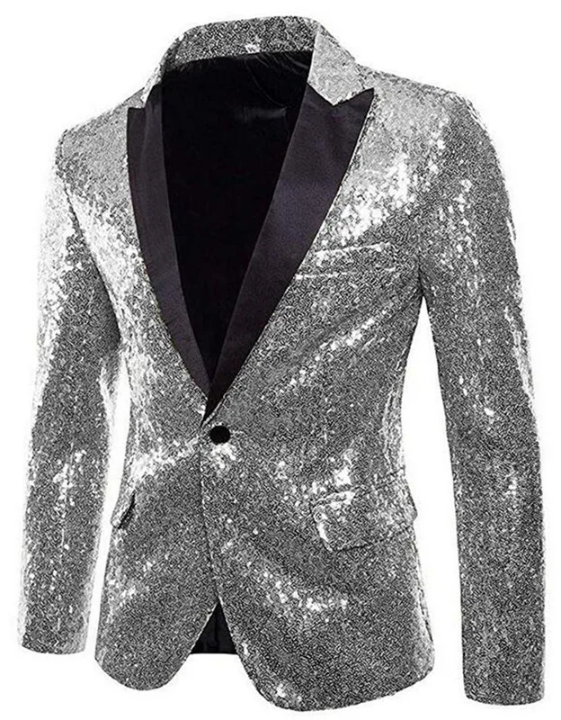 Elegant Silver Men Show Coat Men's Shiny Sequins Suit Jacket Blazer One