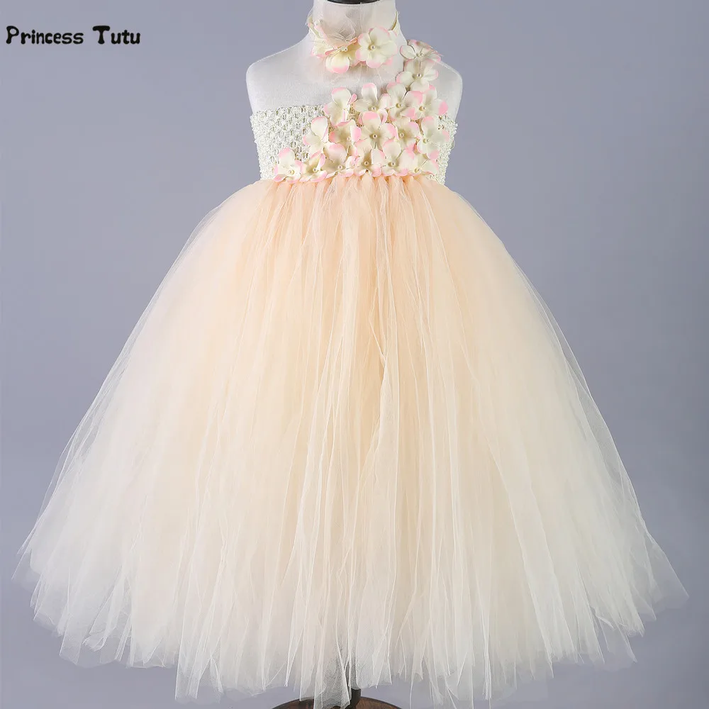 

Champagne Girls Tutu Dress Tulle Princess Dresses Single Shoulder Flower Girls Wedding Dress Kids Birthday Party Prom Ball Gown
