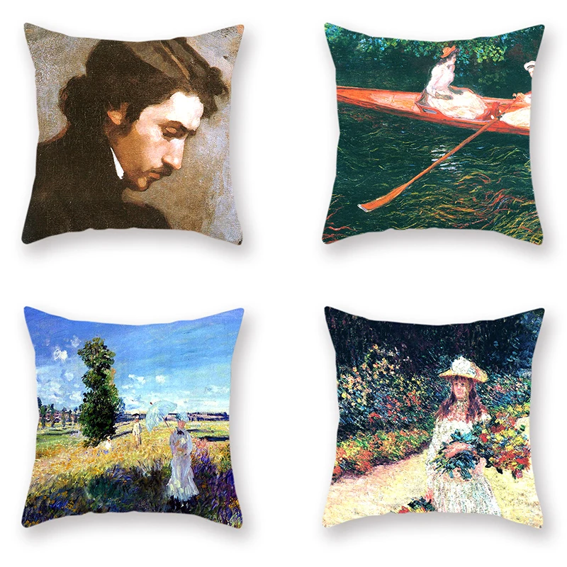 

Oil Painting Cushion Cover Peach Skin Monet's Painting Square Decorative 4pcs Pillowcase Soft for Bedroom Home Artistic Decor