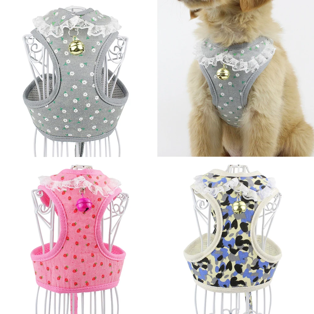 Pet Puppy Cat Dog Harness Leash Set with Bell Soft Mesh Cute Lace Pet