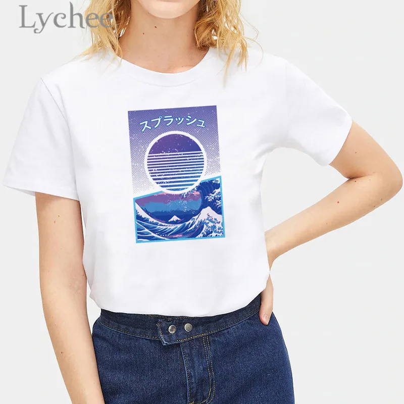 Женская футболка Lychee с японским принтом укиё топы в стиле Харадзюку круглым
