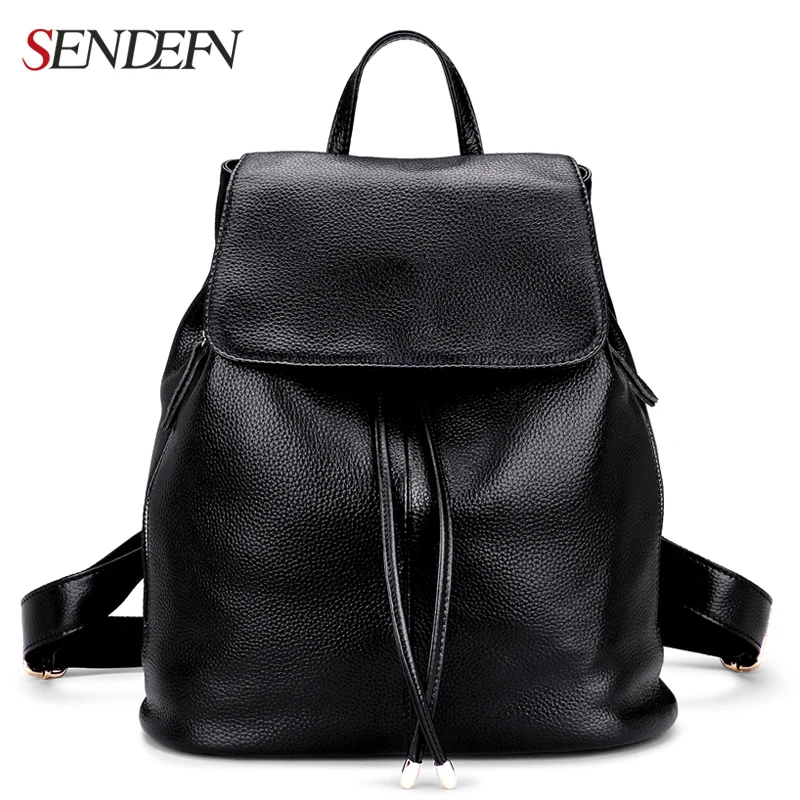 SENDEFN Genuine Leather font b Backpack b font Large Capacity Black Leather Shoulder Bag font b