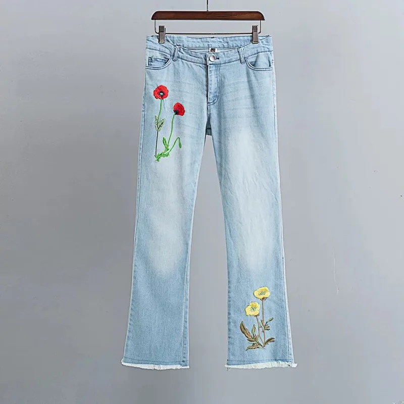 

Autumn 2016 Womens Embroidered Flowers Jeans Pants Light Blue Bell Bottoms Rough Selvedge Casual Ladies Denim Trousers