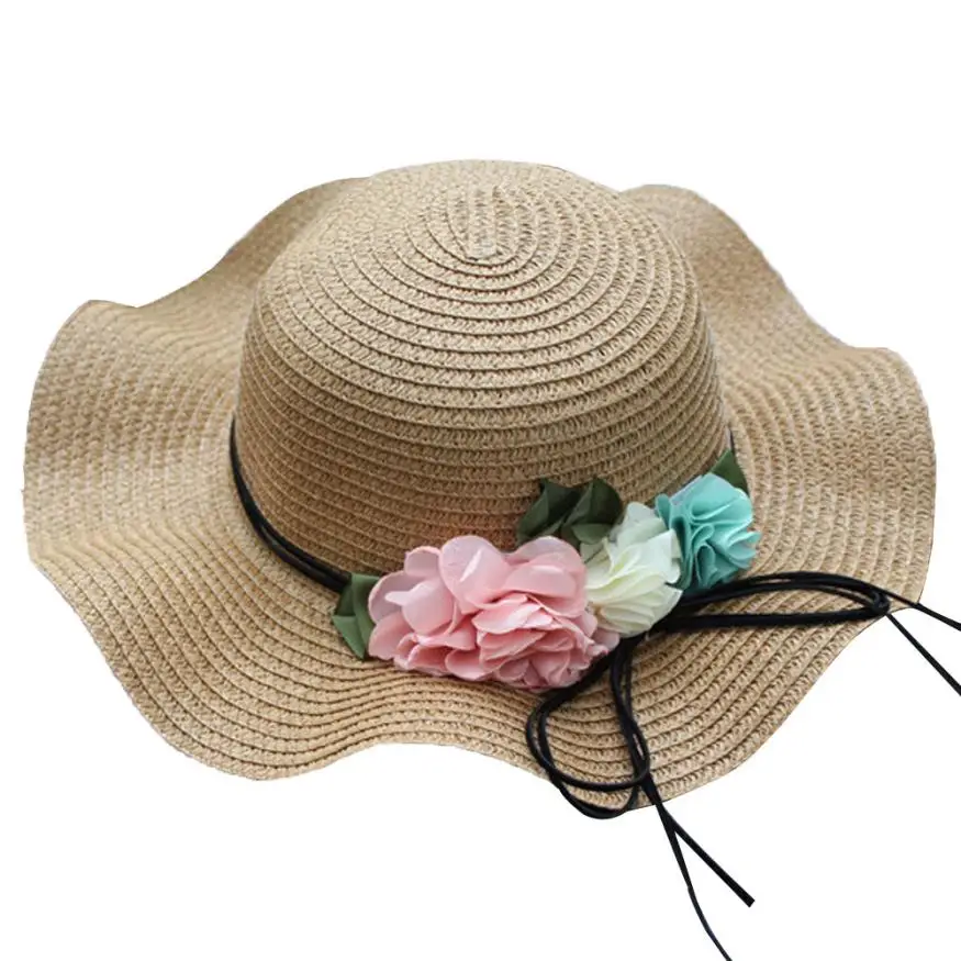 Buy 2018 Children Cute flower hats Girl hand made straw wave wide brim hats