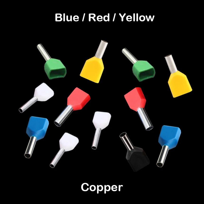 TE7508 TE10-14 TE16-14 Blue Red Yellow Copper Pre-Insulating Twin Cord Double Wire Tube Pin End Ferrule Connector Crimp Terminal 1000pc sv1 25 crimp terminal spade fork connector kit wire copper crimp connector insulated cord pin end terminal awg 22 16 red