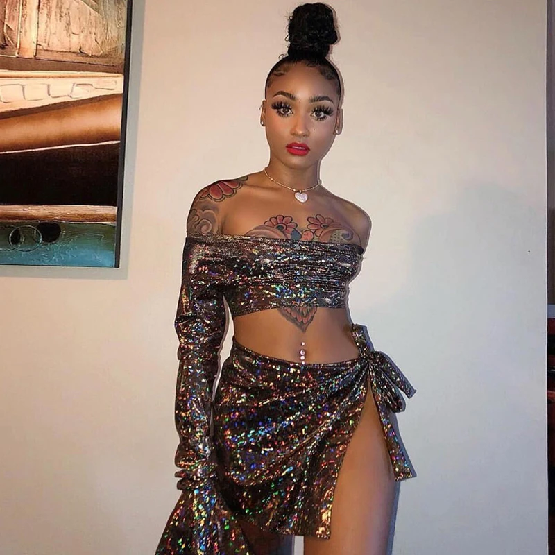 

2018 Hot Summer 2 Two Piece Set Women Sexy Off Shoulder Stretchy Club Outfits Conjunto Feminino Tops Skirts Set Female Outfits