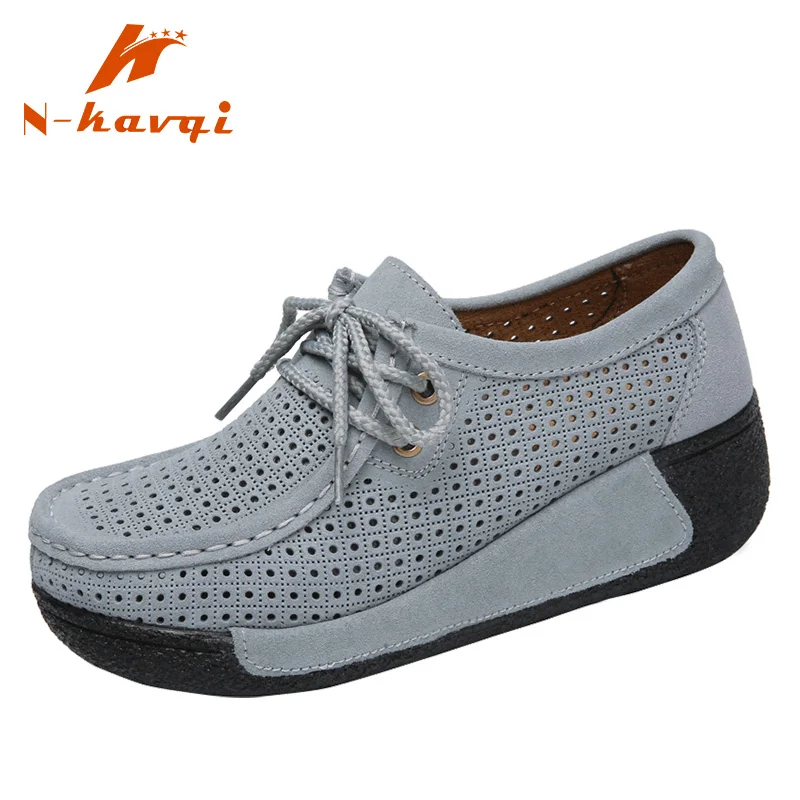 

NKAVQI Woman Casual Shoes Ladies Cow Suede Leather Loafers Women Lace Up Breathable Hollow Flat Shoes Female Moccasins Mujer