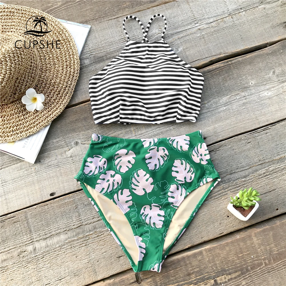 CUPSHE Striped Backless Tank Bikini Sets Women leaf Print Lace Up High