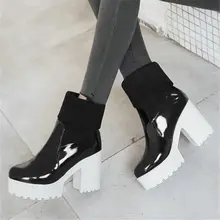 Black High Top Shoes Womens Patent Leather Chunky High Heels Ankle Boots Punk Pumps Shoes Round Toe Winter Platform Casual Shoes Black High Top Shoes Womens Patent Leather Chunky High Heels Ankle Boots Punk Pumps Shoes Round Toe Winter Platform Casual Shoes