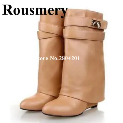 

Rousmery Lady Boots Metal Lock Decoration Height Increasing Double Strap Round Toe Woman Motorcycle Boots Short Boots Dress Shoe