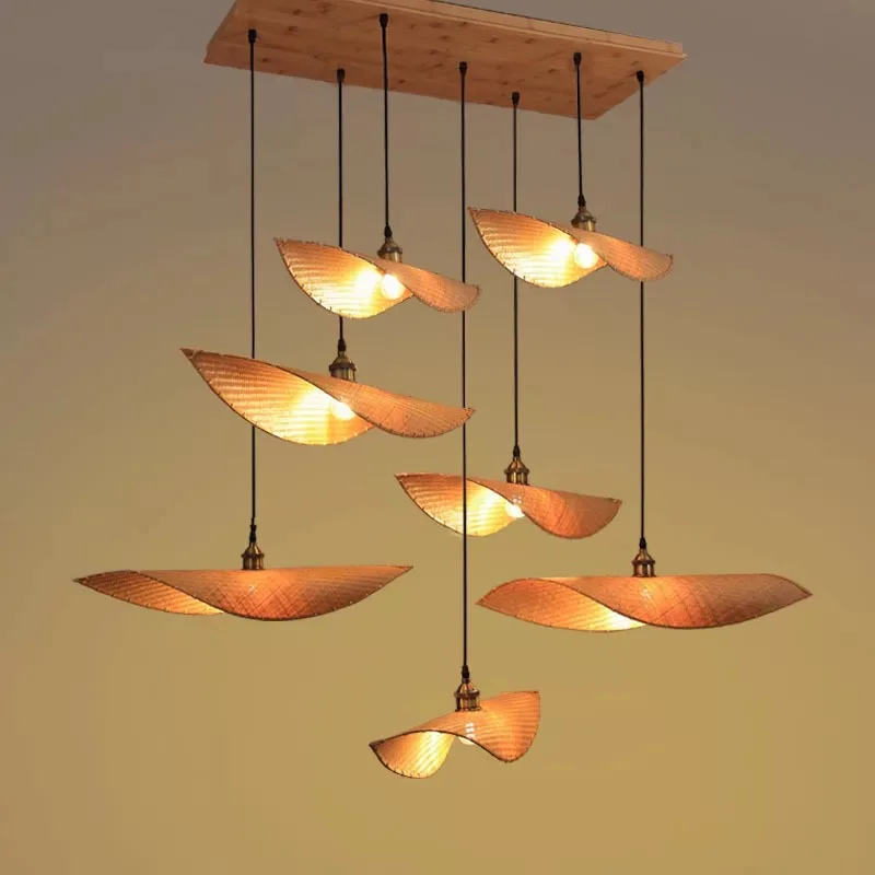 

New Bamboo Wooden Chinese Foyer Led Pendant Lights Japanese Modern Tea House Hall Hanglamp Restaurant Pendant Lamp Loft Art Deco