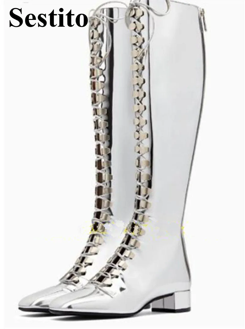 

Women Fashion Solid Square Toe Hoof Heels Zip Knee-High Long Boots Spring/ Autumn Basic Low Heel Cross-tied Special Party Shoes