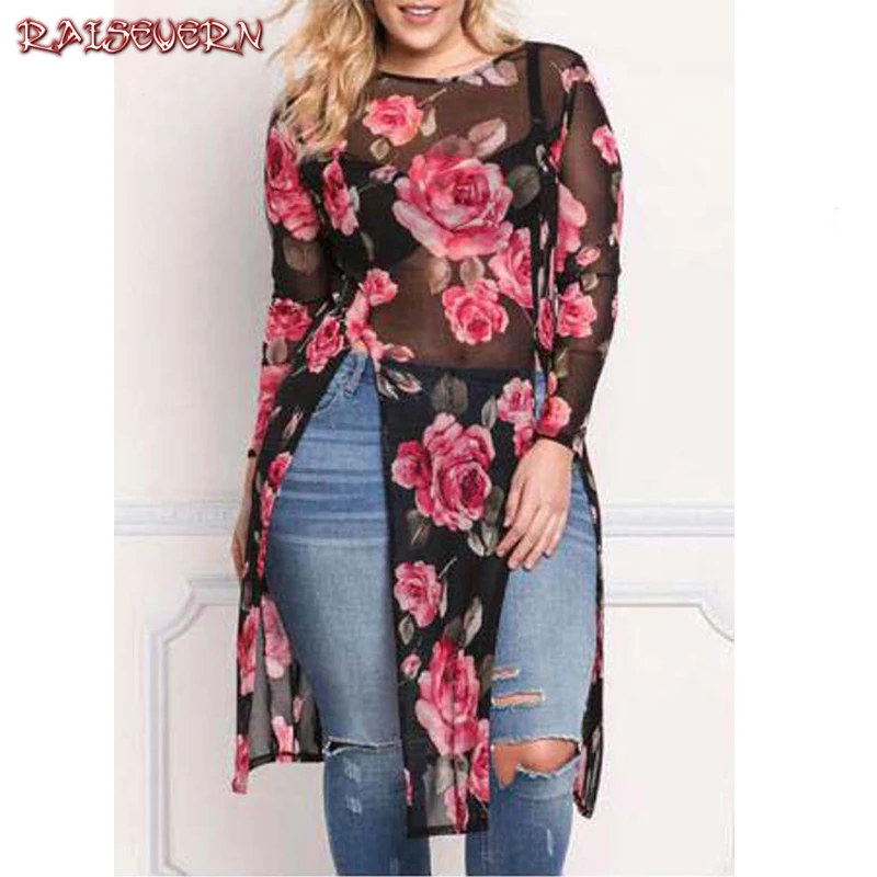 

RAISEVERN 2019 Summer Mesh Top For Women Long Sleeve Sexy Office Shirts Transparent Blouse Femme Ladies Floral Tee Shirts