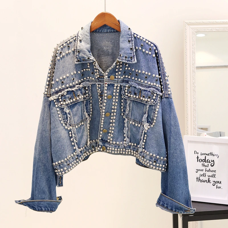 2019 New Spring and Autumn Women's Hand Rivet Studded Denim Jacket ...