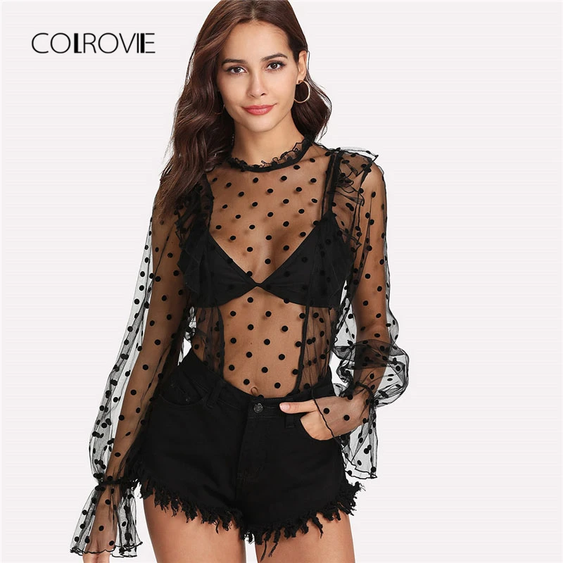 Beste COLROVIE Stip Franje Trim Sheer Blouse 2018 Zomer Zwarte Stand Kraag Sexy Blouse Overhemd Transparant Ruffle Button Vrouwen Top